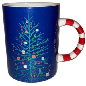 STARBUCKS Christmas Tree Presents Blue w Red White Candy Cane Handle Mug 12 oz
